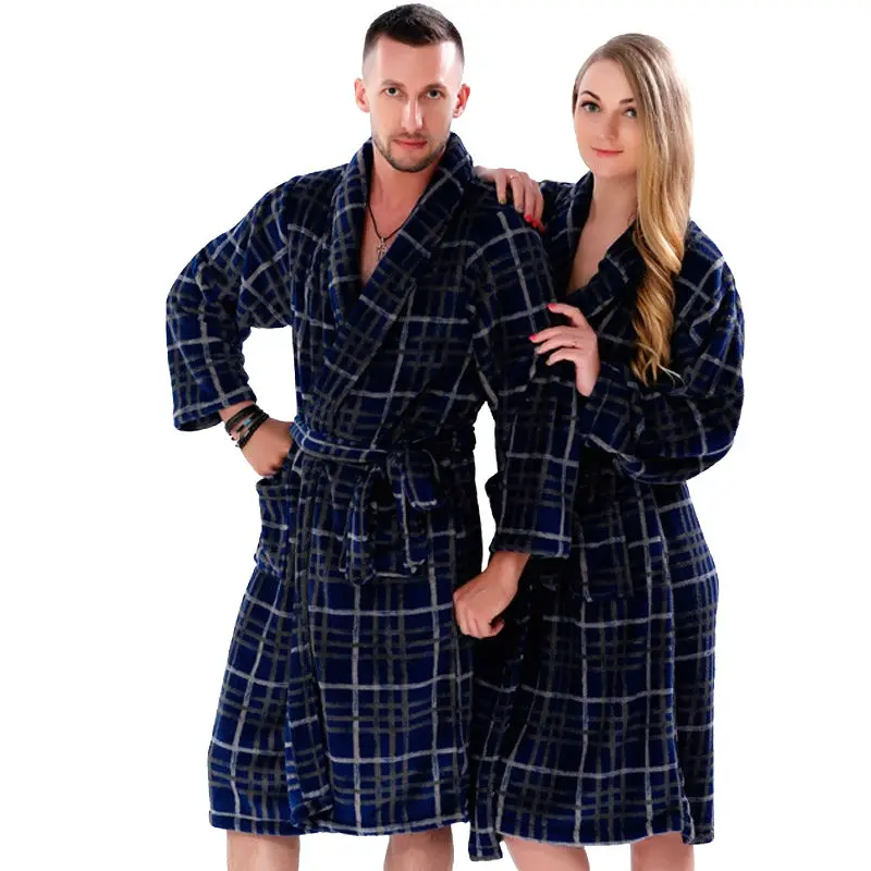 Buy New Couples Coral Fleece Bath Robe Navy Plaid