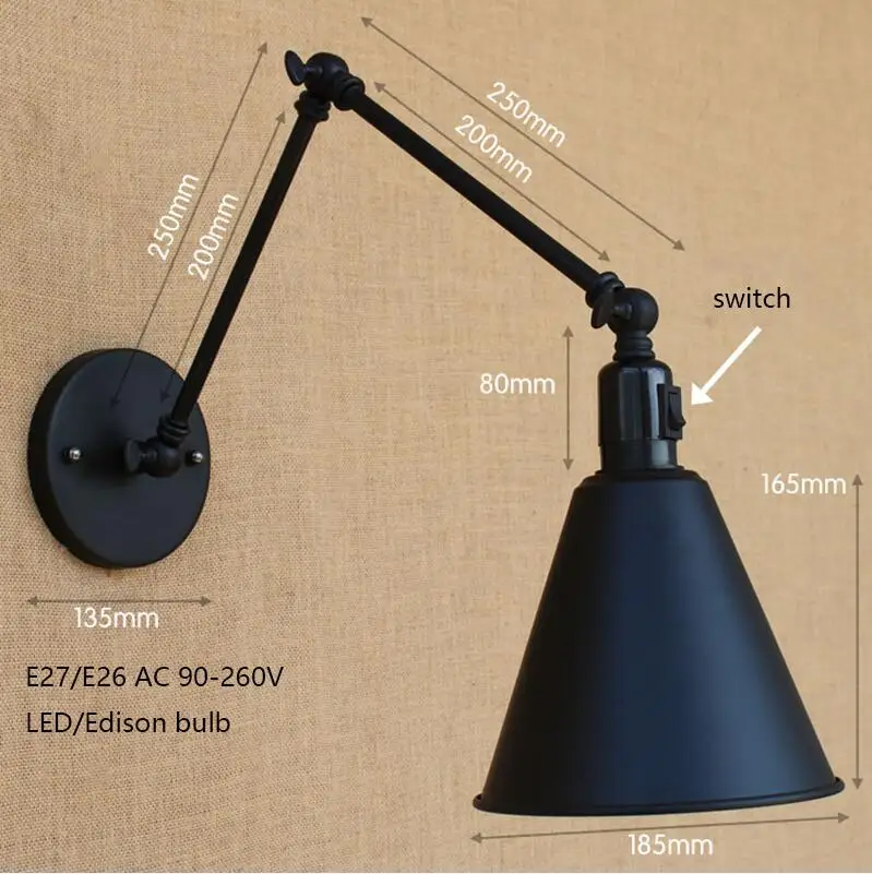 Античный Черный Промышленный Металлический Мини-настенный светильник с длинным поворотным кронштейном для прикроватной тумбочки для мастерской освещение для спальни - Цвет абажура: B