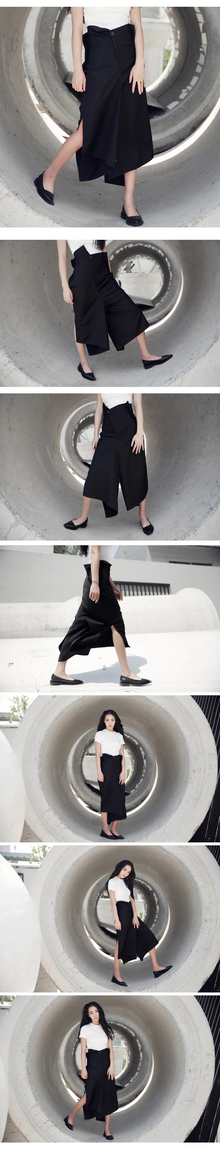 Cakucool Модная Новинка Необычные широкие брюки с высокой талией брюки юбка однотонная черная подиумная дизайнерская длина до середины икры женские брюки