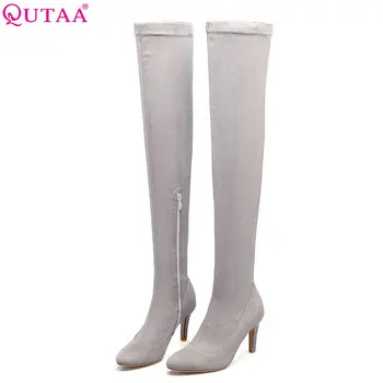 

QUTAA 2020 Fashion Women Over Knee High Boots All Match Western Style Zipper Design Thin High Heel Women Boots Size 33-43
