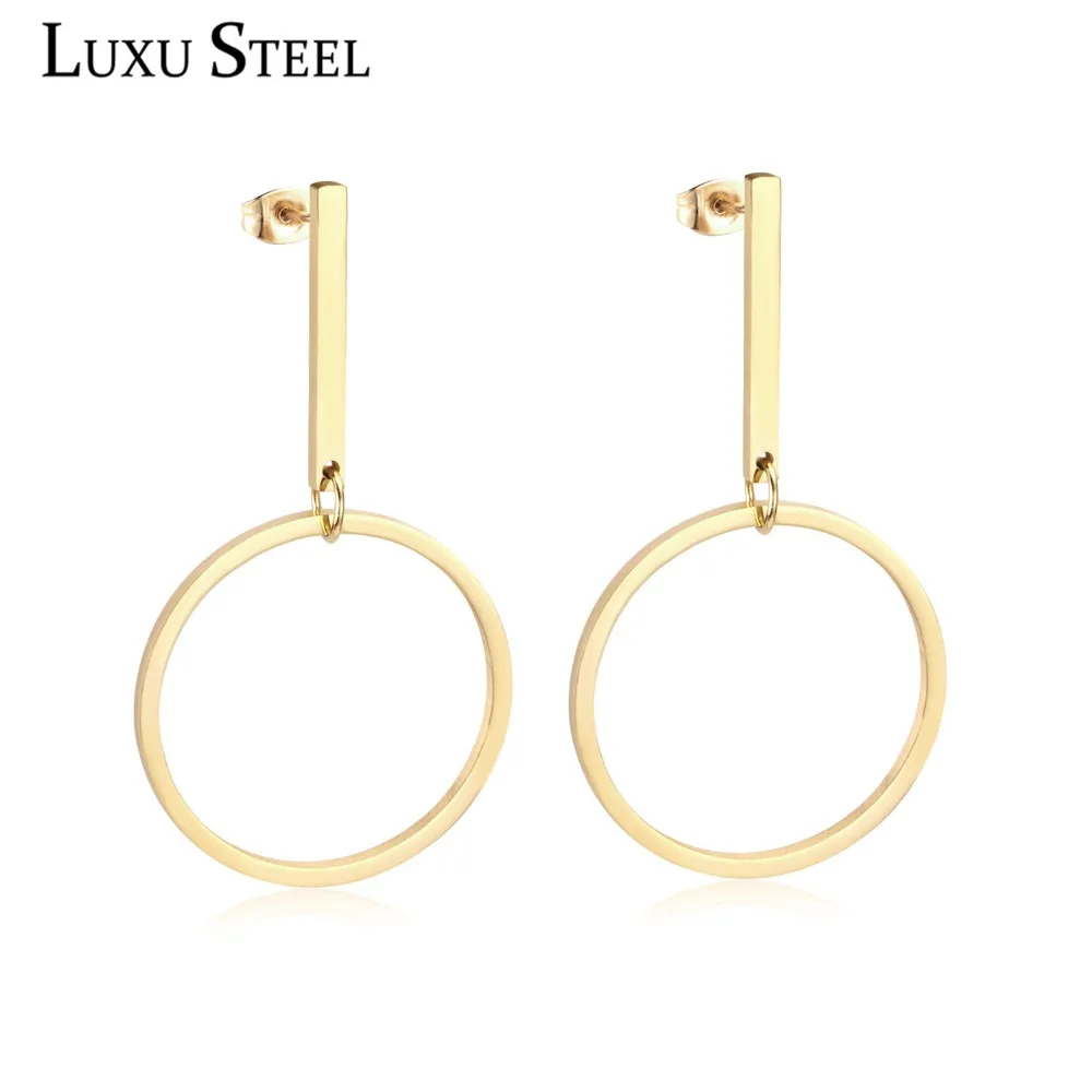 

LUXUSTEEL Newest Geometry Hollow Out Round Pendants Drop Earring For Women Stainless Steel Statement Earrings Bijoux Party