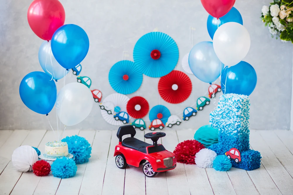 HUAYI день рождения фон бумажные украшения для маленьких мальчиков с воздушными шарами игрушечный автомобиль синий торт smash фотосессия LW-1091