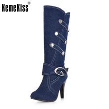 Taille 32-43 Mode Femmes Moitié Genou Bottes Sexy Pointu Talons Toile Supérieure Denim Boucle Sangle Chaussures Printemps automne Bottes