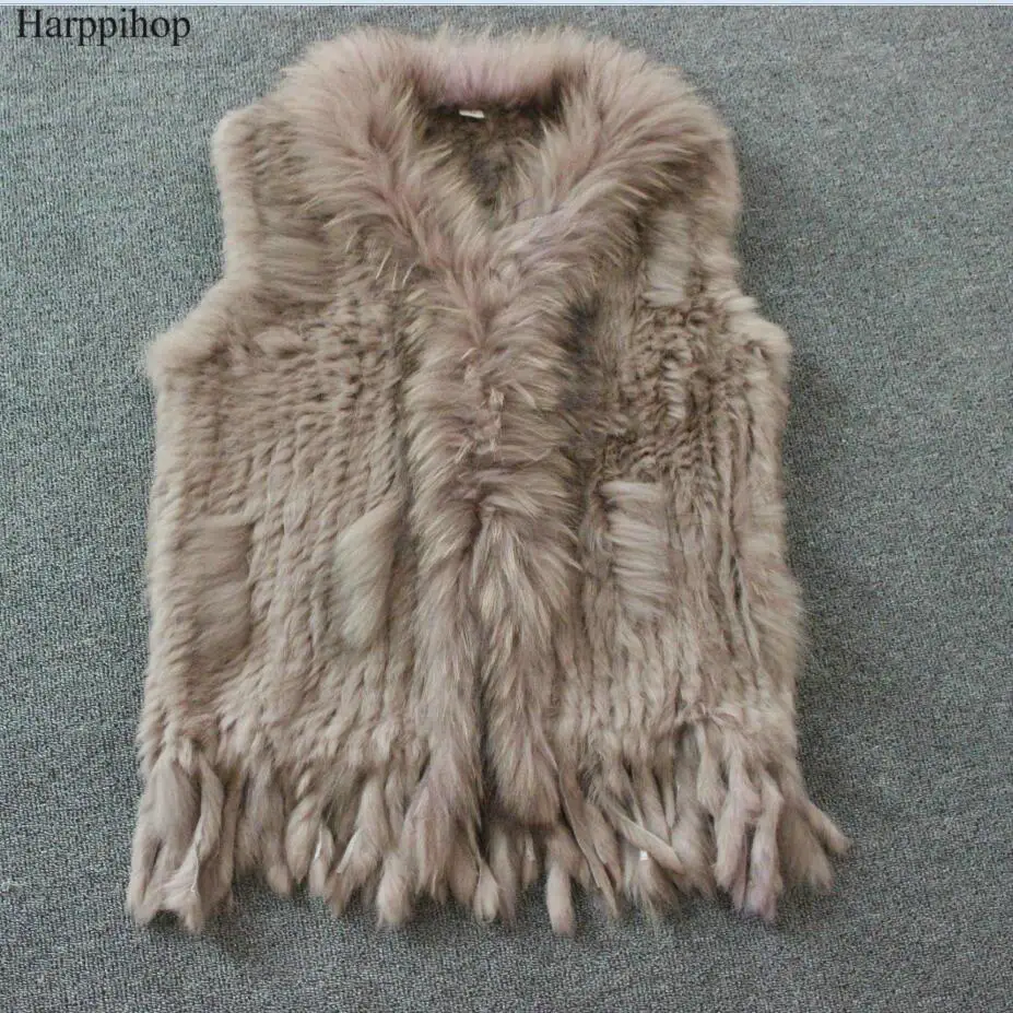 Meilleur Harppihop livraison gratuite femmes naturel réel lapin fourrure gilet avec fourrure de raton laveur col gilet vestes rex lapin tricoté winte