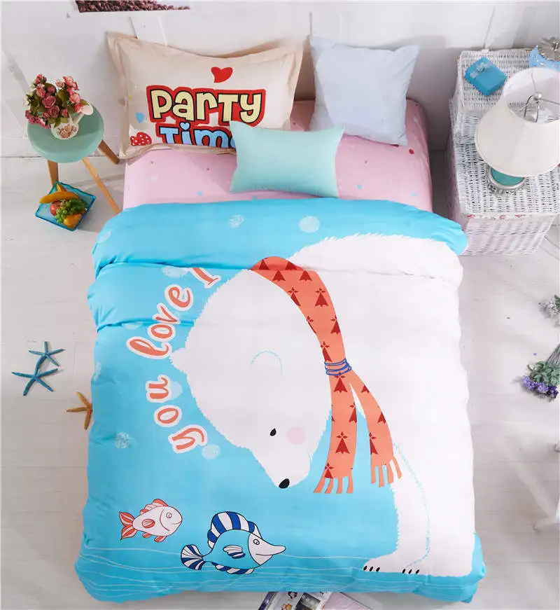 

polar bear Printed bedding set 100% cotton bedclothes single twin double size girl Children's home decoration woven blue pink 3p