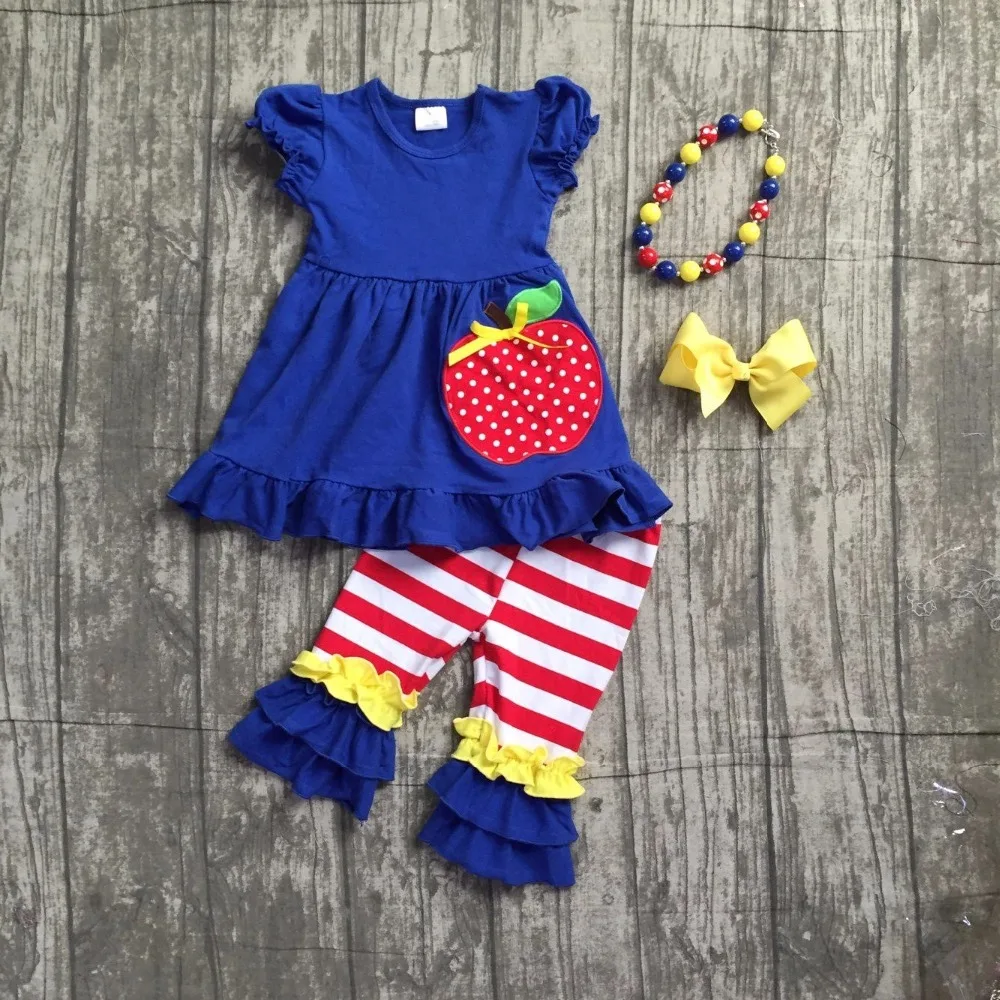 

kids girls boutique clothing girls school apple top with stripes ruffle pants outfits kids ROYAL blue dress top with accessoies