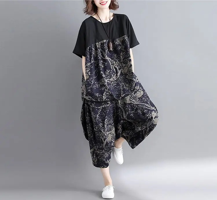 NYFS летний комплект из двух предметов, хлопковый льняной Женский комплект, футболка с абстрактным принтом+ широкие штаны женский комплект 2 шт