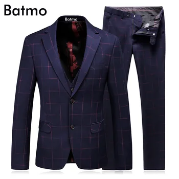 

Batmo 2017 new arrival High quality wool plaid men's wedding dress,casual suit men,men's Business suits,plus-size 1782