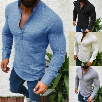 

2019 Hot Men's Slim V Neck Long Sleeve Muscle Solid Shirt Casual Shirts Tops Blouse Men Fit Buttons Shirt Drop Shipping