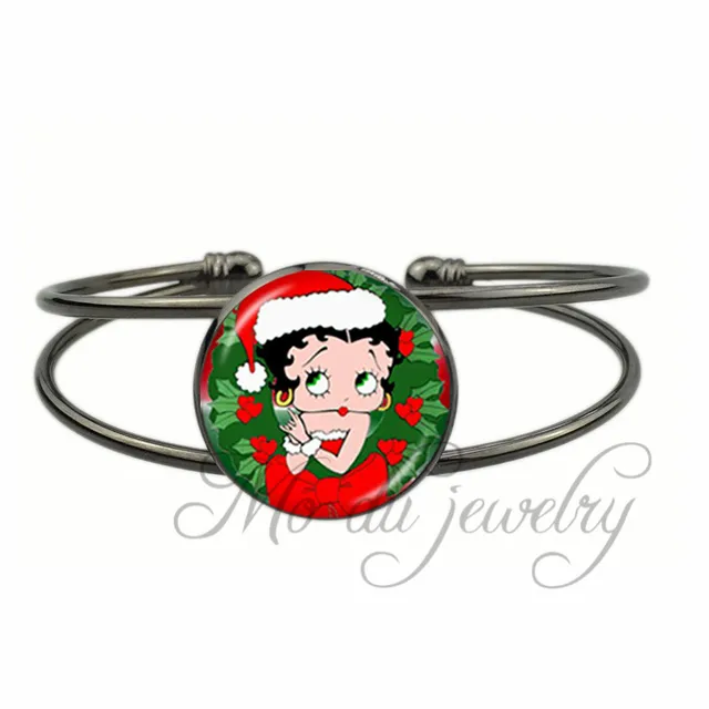 retro betty boop christmas glass dome open cuff bangle women girls