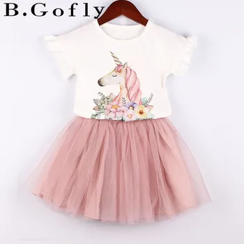 

Fashion Toddler Girl Suit Tops White T Shirt Two Piece Chiffon Gauzy Unicorn Dress Children Kids Skirt Summer Girl Clothing Set