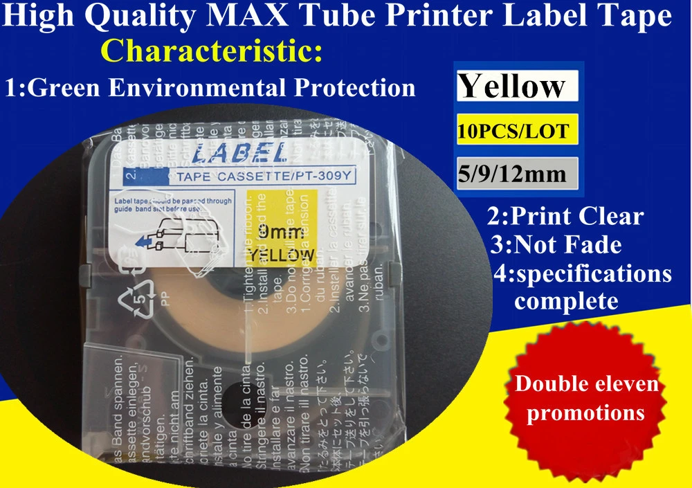 Free Shipping Label Tape Cassette LM-WX / PT309Y (9mm Yellow) For MAX LETATWIN Cable Marker Tube Printer LM-380E/A, LM-390A/PC
