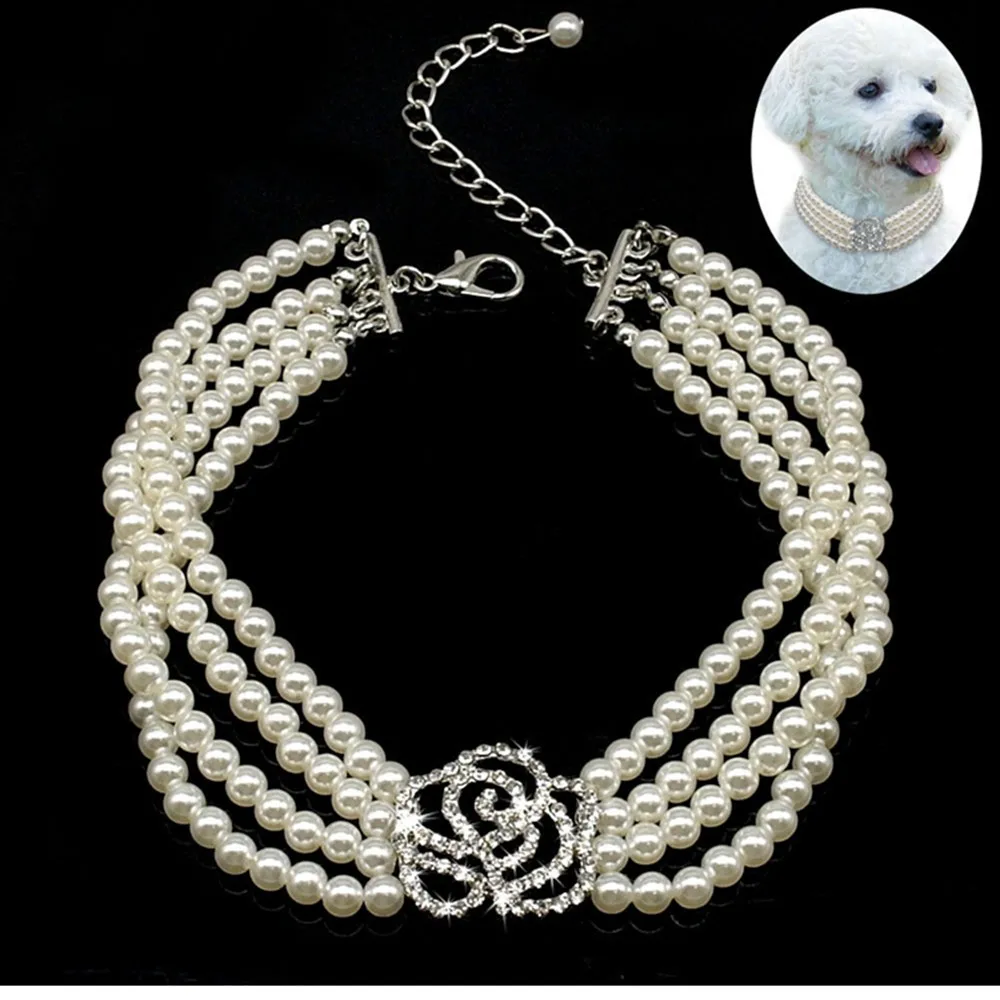 4 Row Pearls Pet Dog Necklace Collar with Bling Flower Charm for Puppy