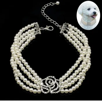 

4 Row Pearls Pet Dog Necklace Collar with Bling Flower Charm for Puppy Chihuahua