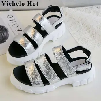 

Vichelo Hot luxury natural leather hook&loop design peep round toe women sandals vintage retro med bottom gladiator shoes L2f3