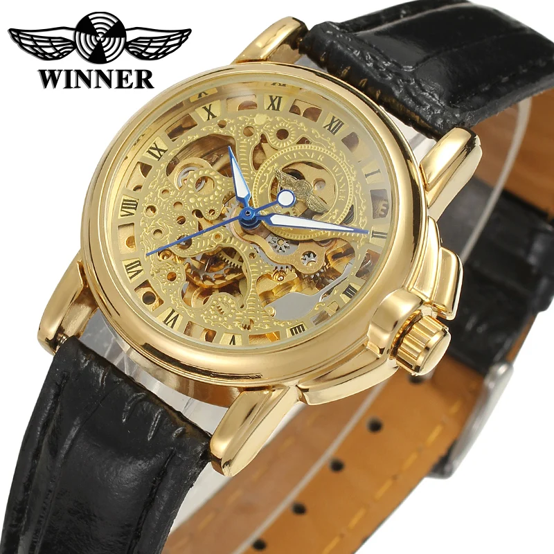 

Fashion Winner Top Brand Transparent Golden Case Luxury Casual Design Brown Leather Strap Mens Watches Mechanical Skeleton Watch