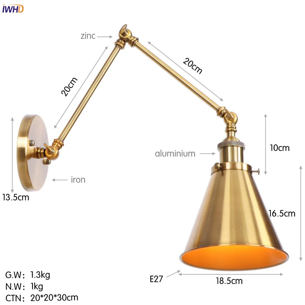  IWHD Antique Vintage Gold LED Wall Lamp Beside Hallway Stair Loft Industrial Decor Swing Long Arm W - 32915412235