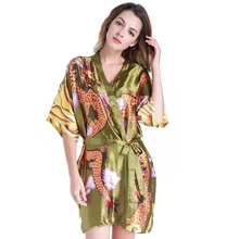 Новинка Печати Дракон женский Satin Robe платье зеленый китайский Стиль пижамы Для женщин кимоно с поясом Сексуальная короткая ночная рубашка один размер
