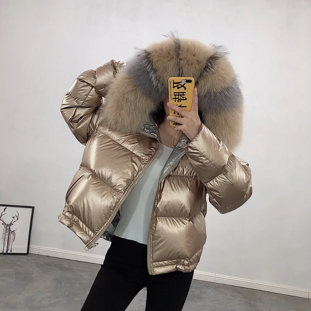 Winter Jacket Women Glossy Down Parka Real Raccoon Fur Collar Women Jacket Winter Hooded Parkas Warm Thick Parka Female Coat