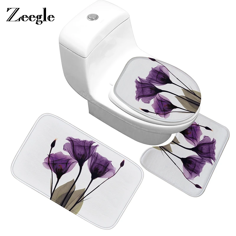 Zeegle 3pcs Toilet Mat Flower Printed Carpet For Bathroom Bath Mats Absorbent Bathroom Floor Rug Bath Rugs Non-slip Bathroom Mat