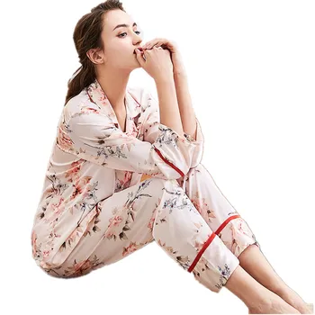 

Spring New Silk Pajamas Set long-sleeved Shirt + Long Trousers Women Home Clothes Two Suit Printed Lounge Pijama Feminino