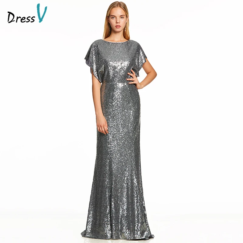 

Dressv silver a line long evening dress backless cheap scoop neck cap sleeves wedding party formal dress sequins evening dresses
