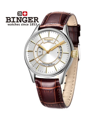 2016 Binger Watches New Gold Silver Case Men Hollow Skeleton Automatic Mechanical Coffee Leather Wrist Watch