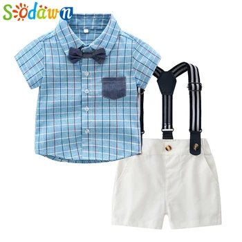

Sodawn 2020 Baby Boy Clothes New Korean Children'S Short-Sleeved Plaid Shirt + Strap Shorts Baby Boy Clothing Set Gentleman Suit