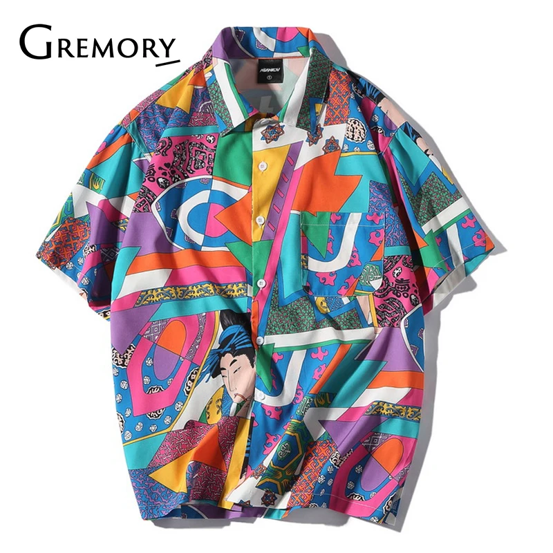 

Men Loose Hip Hop Shirt Harajuku Japanese Ukiyo E Anime Shirt Short Sleeve Top Hawaiian Shirt Casual Streetwear Thin Summer 2018