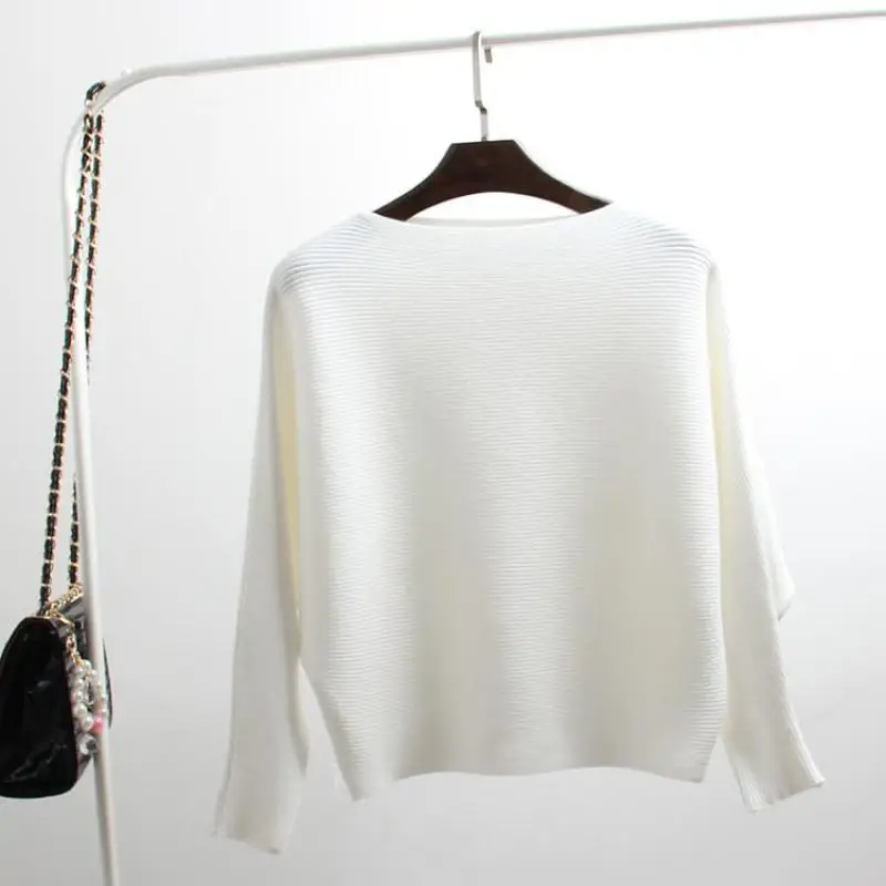 

Woman Spring Solid Slash Neck Batwing Sleeve Full Pullovers Female Autumn Hedging Loose Sweaters Lady Fashion Stretch Sweater