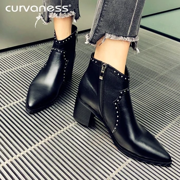 

High Quality Rivet Med Heel Ankle Boot Soft Geniune Leather Women Boots Zip Short Spring Autumn Boots Plus Size Shoes 33-41
