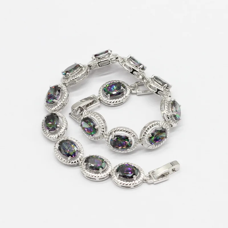 Овальные радужные белые 925 пробы серебряные Ювелирные наборы для женщин браслет серьги ожерелье кулон кольца подарочная коробка