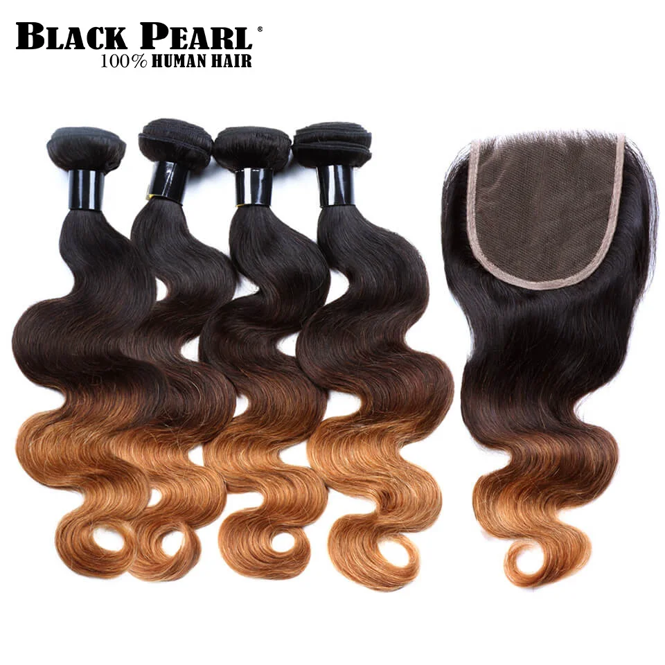 Black Pearl Pre-Colored Brazilian Body Wave 4 Bundles with Closure Ombre Brown Human Hair Weave 4x4 Lace Closure T1b430 brazilian-body-wave-hair-bundles-with-closure