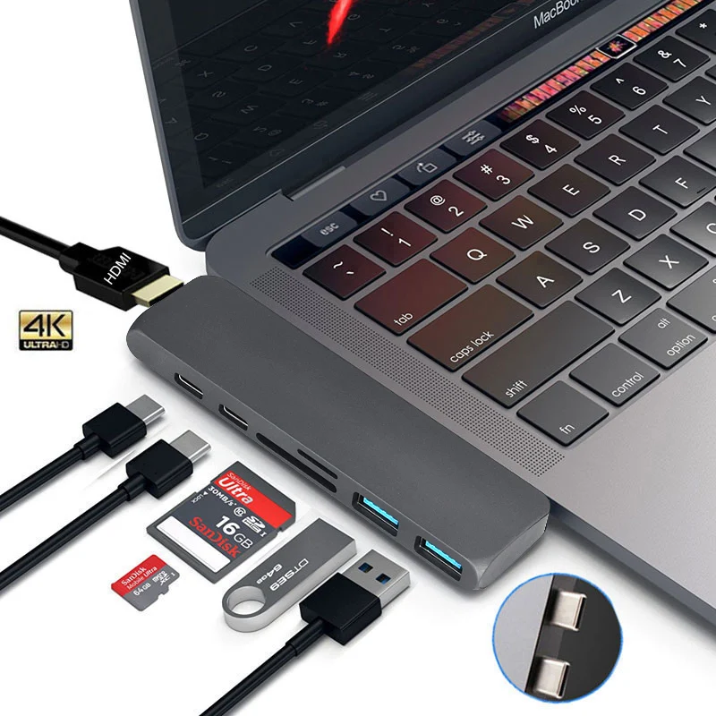 Pаспродажа Двойной Порты font b USB b font C концентратор font b USB b font C до 4K HDMI адаптер Thunderbolt 3 Dual font b USB b font 3,1 данных Тип C концентратор TF SD font b USB b font C PD адаптер для MacBook Pro Air 13 2019