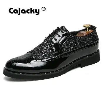 

Cajacky Men Dress Shoes 2018 Fashion Male Business Leather Shoes Men Brogue Shoes Sequin Formal Shoes Black Gold Zapatos Hombre