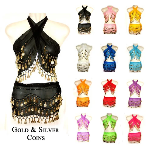 2015 New 2 Pieces Belly Dance Costume Set Warp Hip Scarf Belt Indian Style Golden Coins For Women 12 Colors | Тематическая одежда