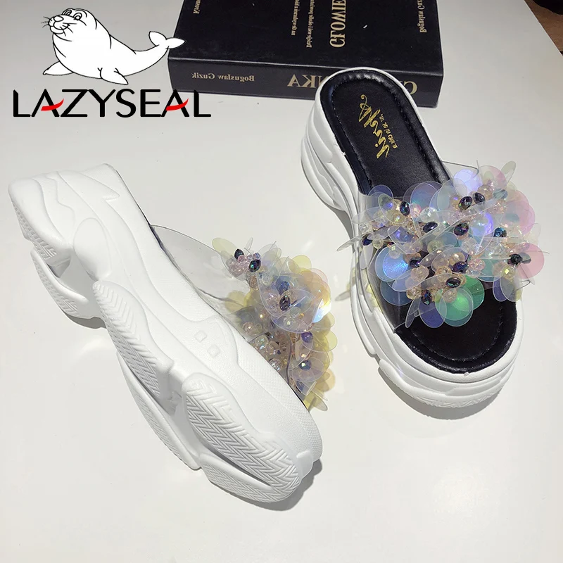 LazySeal Transparent Bling Platform Slippers Women New Summer Shoes With Crystal Diamonds Wedge Ladies Flip Flops Woman Slides