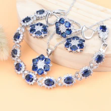 Синий свадебный Кубический Цирконий Серебро 925 Свадебные Ювелирные наборы серьги для женщин ювелирное изделие кольцо для костюма кулон ожерелье набор подарочная коробка