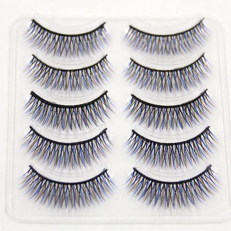 5 pairs Fashion Stage Show Makeup False Eyelashes Color Exaggerated Cotton Thread Blue Brown Cross Soft Fake | Красота и здоровье
