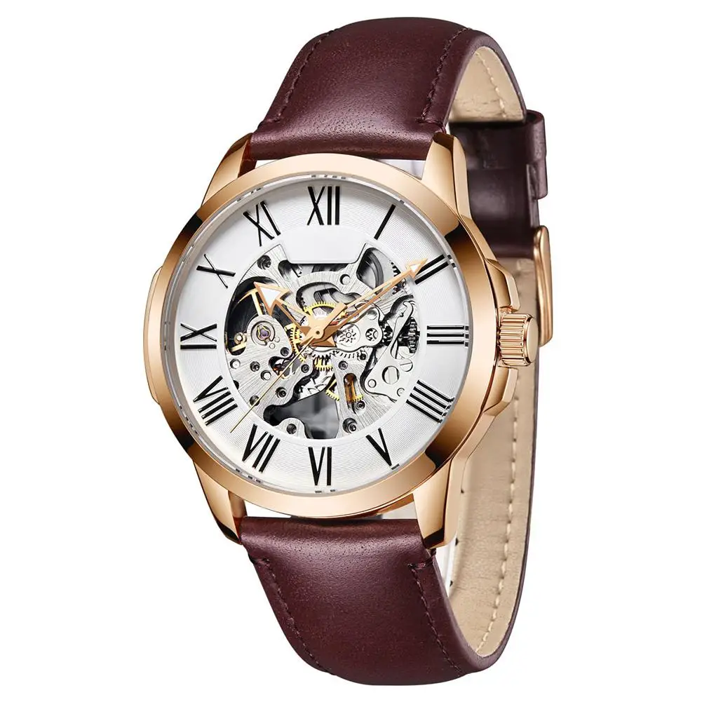 

LinTimes Men Business Mechanical Watch Leather Band Tourbillon Hollow-out Wristwatch Ornament Gift