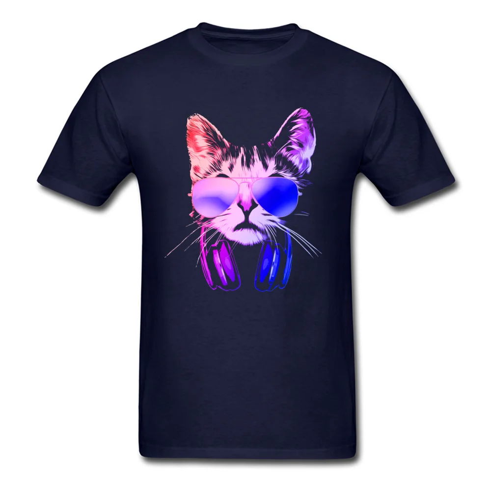 Adult 2018 Tops Shirt Crew Neck Mother Day 100% Cotton Fabric T Shirt Casual Short Sleeve Cool Neon DJ Cat Clothing Shirt Cool Neon DJ Cat navy