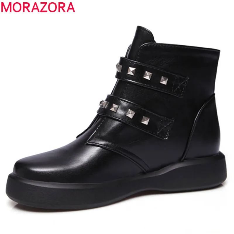 

MORAZORA 2018 hot sale boots women round toe buckle rivet fashion ankle boots short plush autumn winter punk flat shoes woman