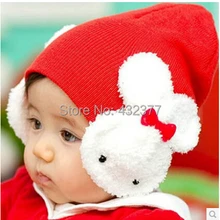 Новинка года; стильная модная детская шапочка для маленьких мальчиков и девочек; зимняя теплая шапка шапочка с ушками; вязаная шапка с кроликом;