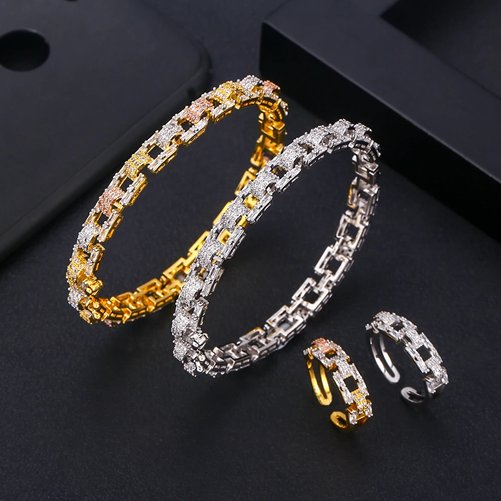 

janekelly Luxury Geometric Bangle Ring Sets Fashion Dubai Silver Bridal Jewelry Sets For Women Wedding brincos para as mulheres