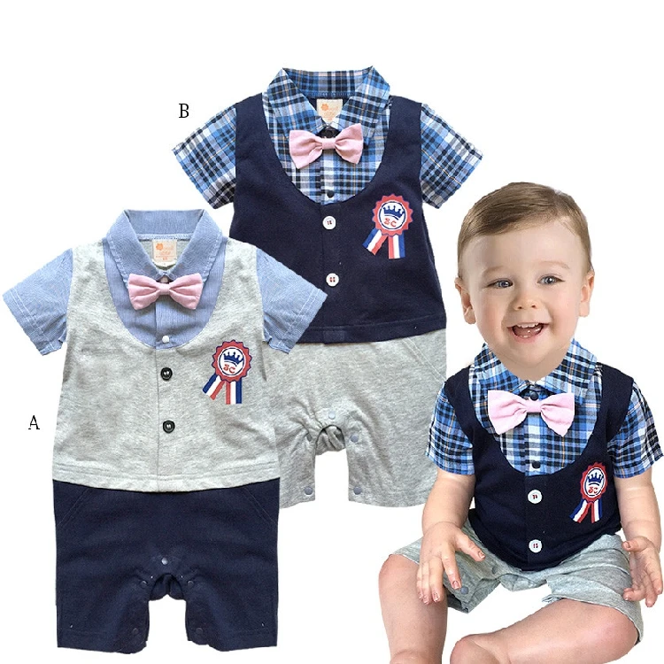 

Baby boy romper summer plaid infant gentleman bow tie romper toddler kid's badge jumpsuits bebe romper baby costume clothing