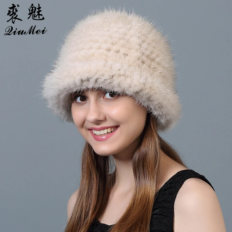 Luxury Winter Sun Hat Knitted Fur Hat for Female Woolen Thick Lined
