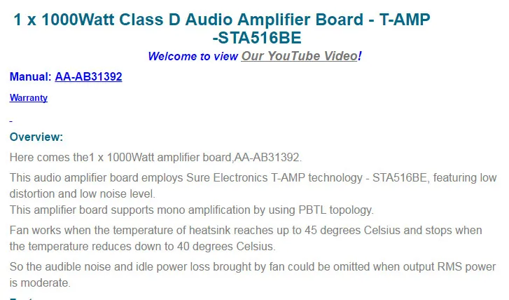 1x1000 ватт моно класса D аудио Плата усилителя-T-AMP-STA516BE