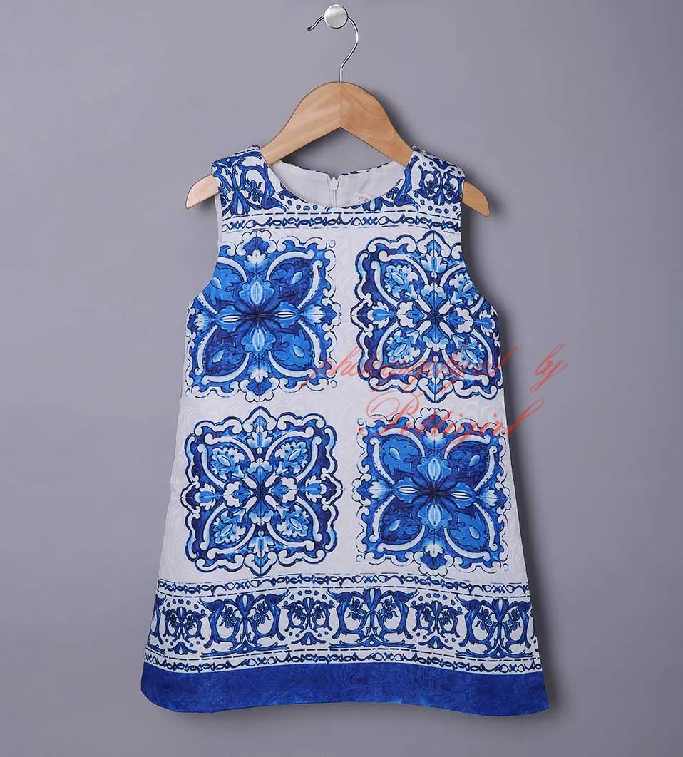 2016 Vintage New Girl Sleeveless Dress Regular Print Blue And White
