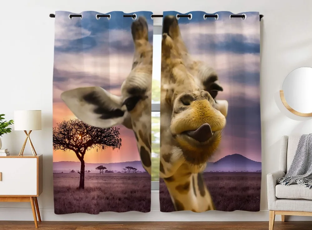 

HommomH Curtains (2 Panel) Grommet Top Darkening Blackout Room Funny Giraffe Sticking Tongue Out Grassland Sunset