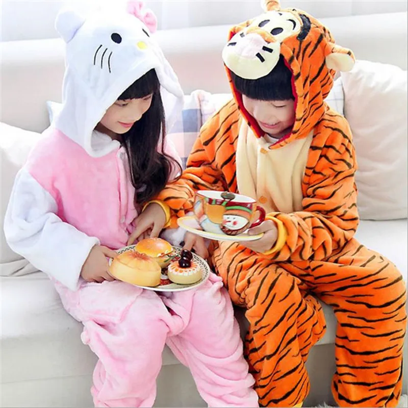 Super Soft Children s Cartoon Animal Flannel Pajamas for Boys Girls Pijamas pink KT cat yellow